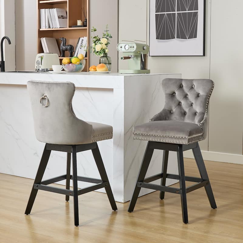 Swivel Velvet Barstools, Wooden Legs Bar Chairs,Bar stools, Set of 2