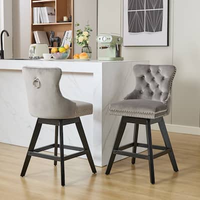 Swivel Velvet Barstools with Button Tufted, Wooden Legs, Chrome Nailhead Trim - Leisure Style Set of 2