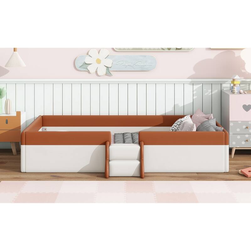 Roomfitters Twin/Full/Queen/King Size Upholstered Daybed Frame with Safety Fence and Stairs, PU Fabric Platform Bed with Slats