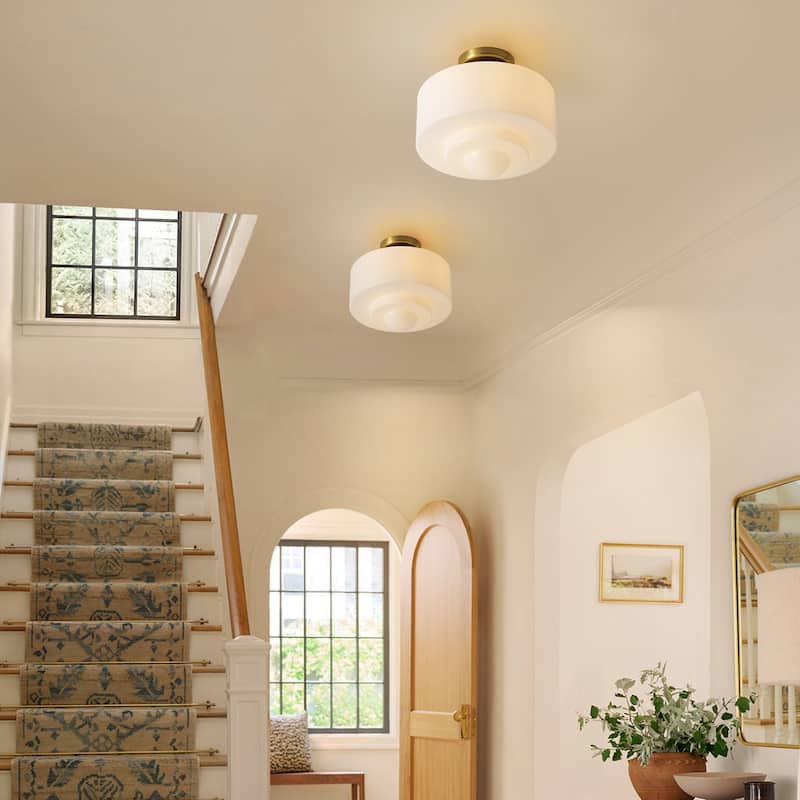 1-Light Mid-Century Modern Gold Cake-Shaped Semi-Flush Mount Ceiling Light with Opal Glass Shade for Bedroom, Kitchen