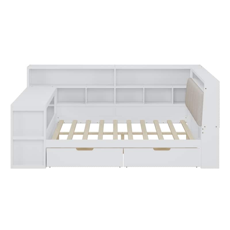 L-shaped Wooden Daybed with Desk and Storage Bookcase