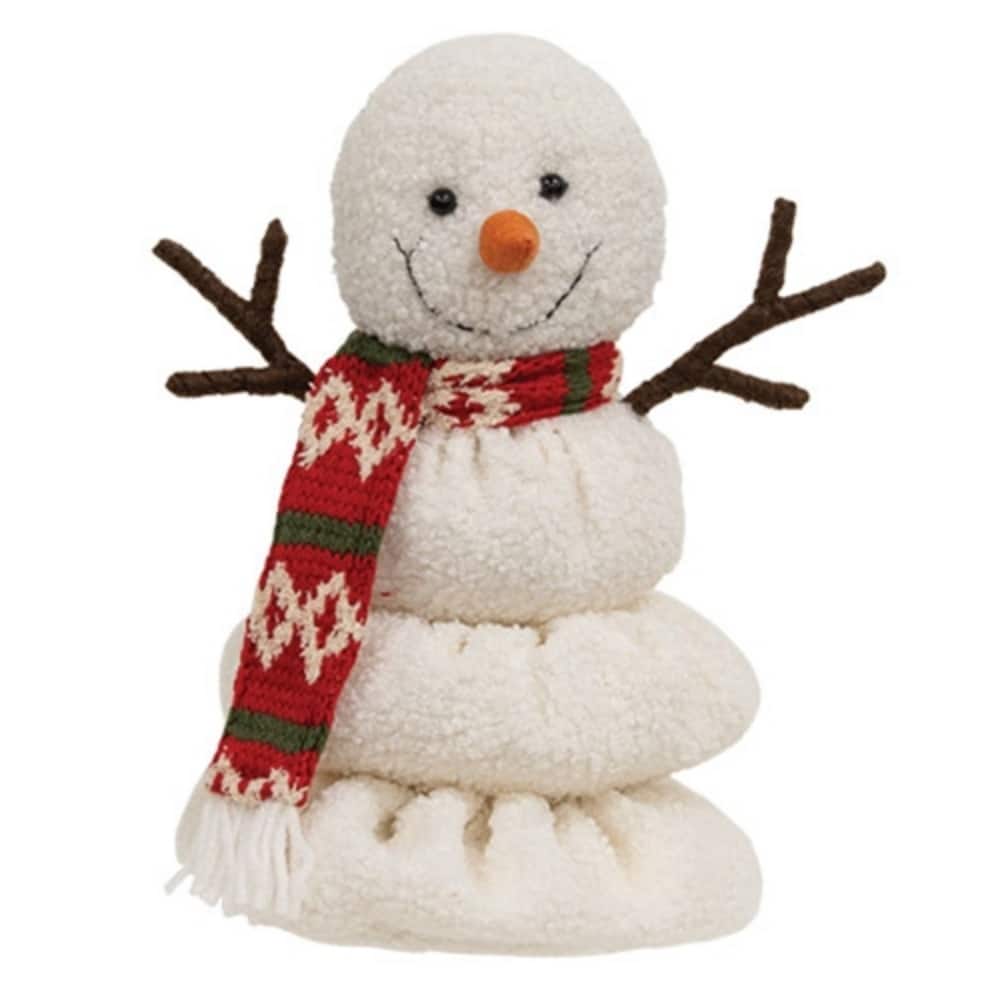 Plush Melting Snowman Decor with Sherpa Finish and Knit Scarf for Holiday Home Display - 10"H