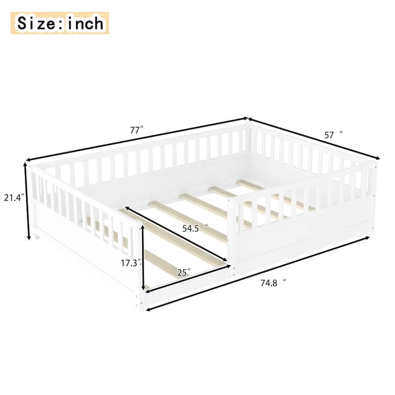 Floor Bed Pine Wood Bed Frame with Fence for Kids Easy Assembly