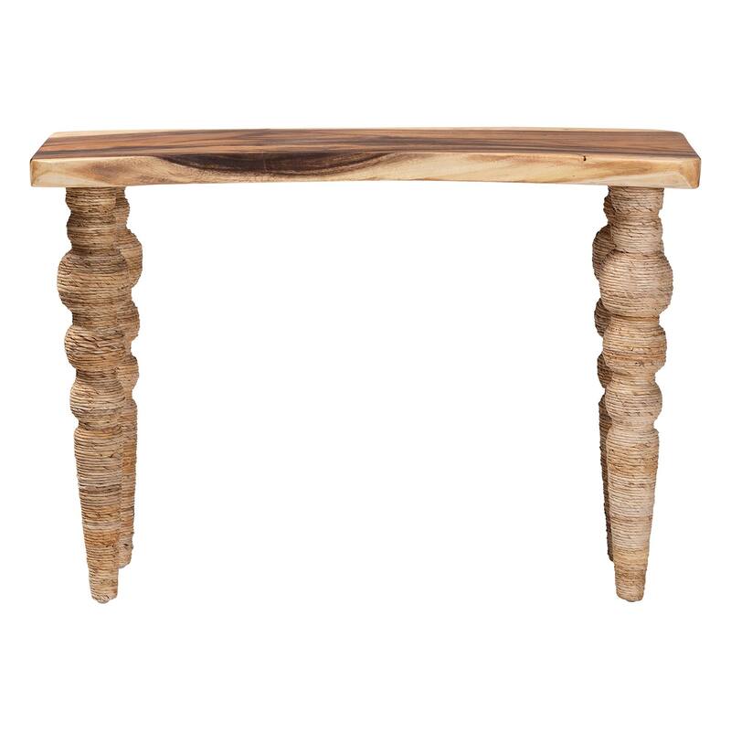 Nasnan Teak Wood Console Table with Seagrass and Bobbin Legs - Sculptural Narrow Entryway Table with Hand-wrapped Turned Legs
