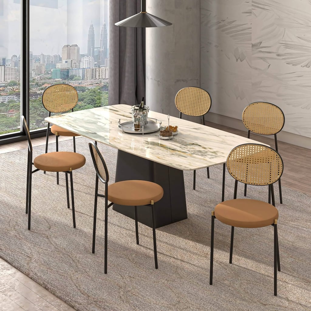 LeisureMod Euston Set of 2 Modern Dining Chair with Wicker Back & Upholstered Velvet Seat for Home Office Living Room & Kitchen