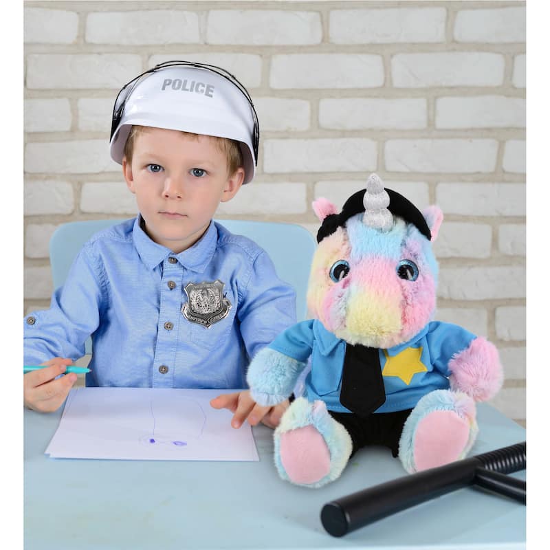 DolliBu Sitting Rainbow Unicorn Police Officer Plush with Cop Uniform - 10 inches