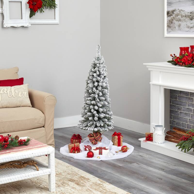 4ft. Flocked Pencil Artificial Christmas Tree with 100 Clear Lights and 216 Branches - Slim Snowy X-Mas Accent