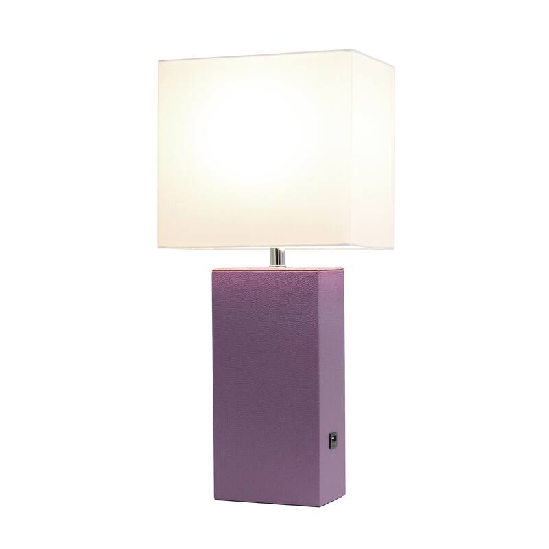 Modern Leather Table Lamp with USB and White Fabric Shade