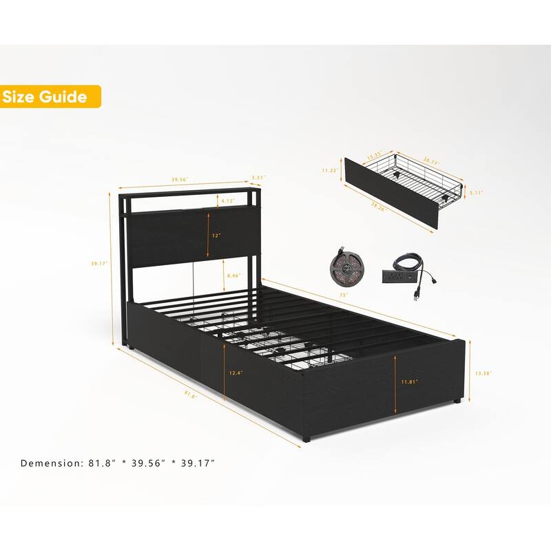Twin Bed Frame with Storage Headboard and Charging Station