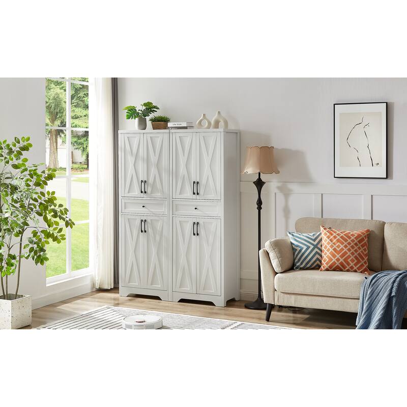 Anmytek White Farmhouse Storage Cabinet 68"Tall with X Frame Doors Adjustable Shelves