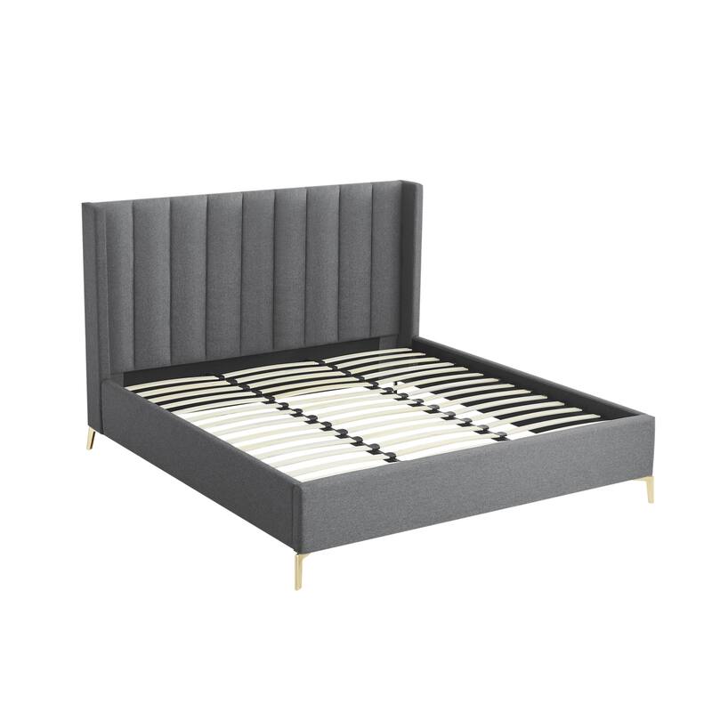 HomeRoots Gray Linen Upholstered King Bed Frame