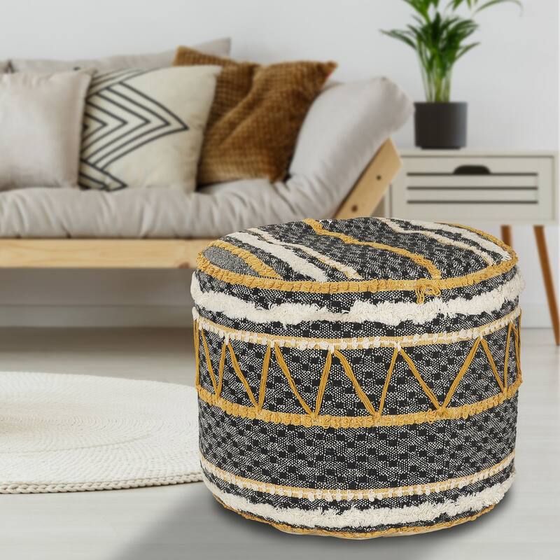 18" Black and Yellow Geometric Tufted Round Pouf Ottoman