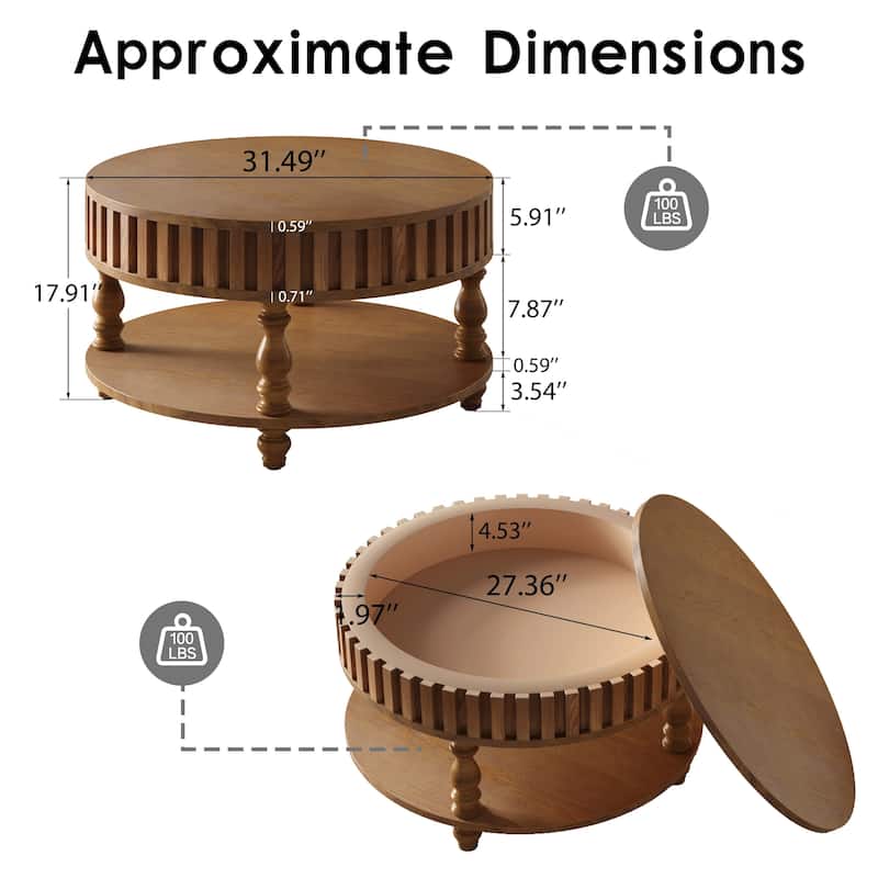 Farmhouse Fluted Coffee Table with Storage and Flip-Top Lids