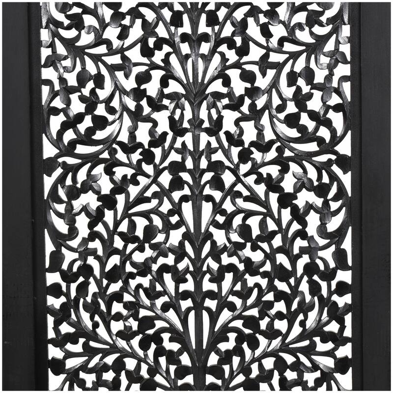 Wooden Floral Handmade Large Flat Freestanding Carved Room Divider Screen - Black - Roche River Decor