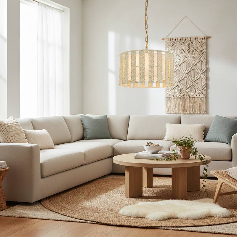 Roka 3-Light Rattan Rope Drum Pendant, Coastal Boho - Handwoven - 18" Wide