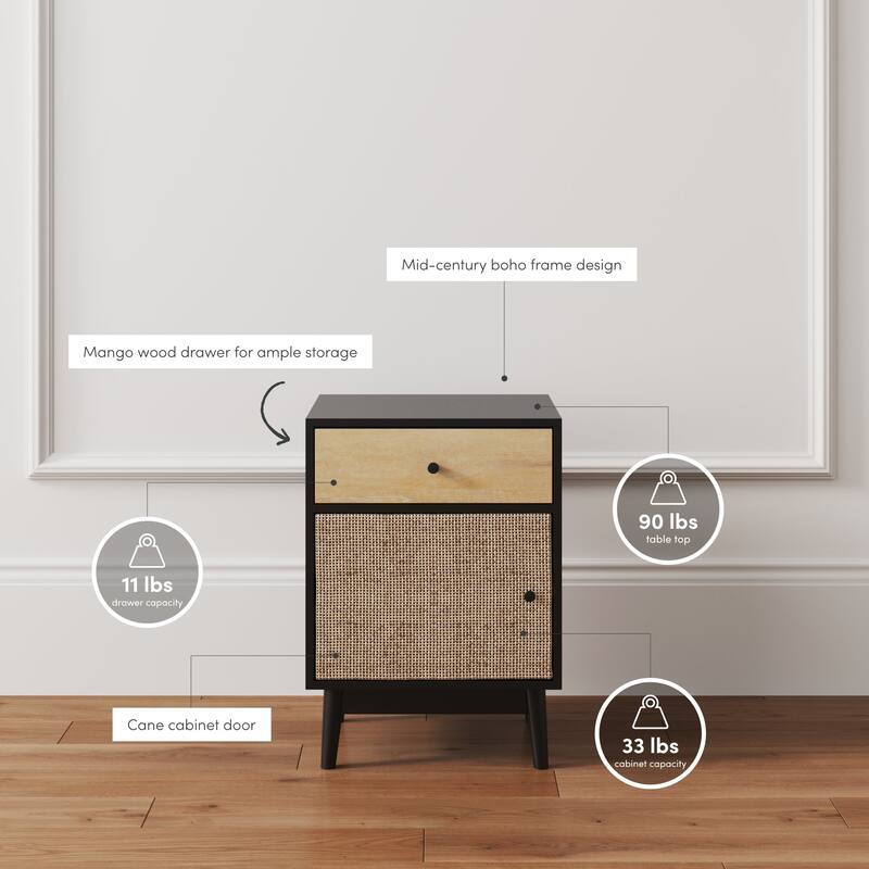 Nathan James Bonnie Bedside Table with Mango Wood Drawer and Rattan