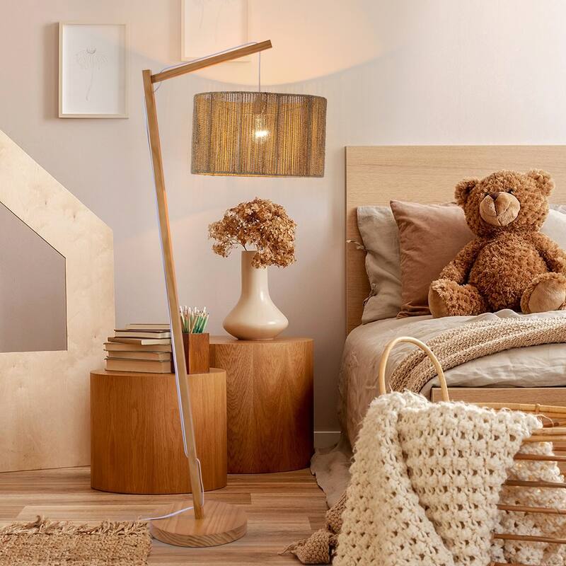 65 in. Boho Lantern Standing Floor Lamp with Pine Wood Body and Rattan Shade for Living Room, Bedroom