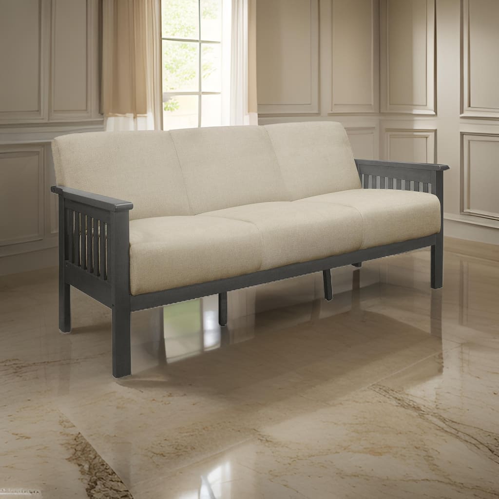 Wiston 72 Inch Sofa, Soft Beige Polyester, Dark Gray Solid Rubberwood