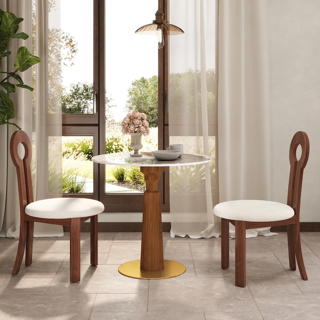 33" Retro Round Side Table, Glass & Sintered Stone Tabletop Dining Table with Solid Wood Pedestal