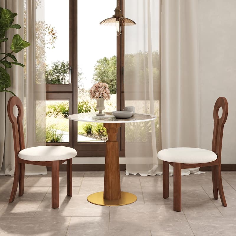 33" Retro Round Side Table, Glass & Sintered Stone Tabletop Dining Table with Solid Wood Pedestal