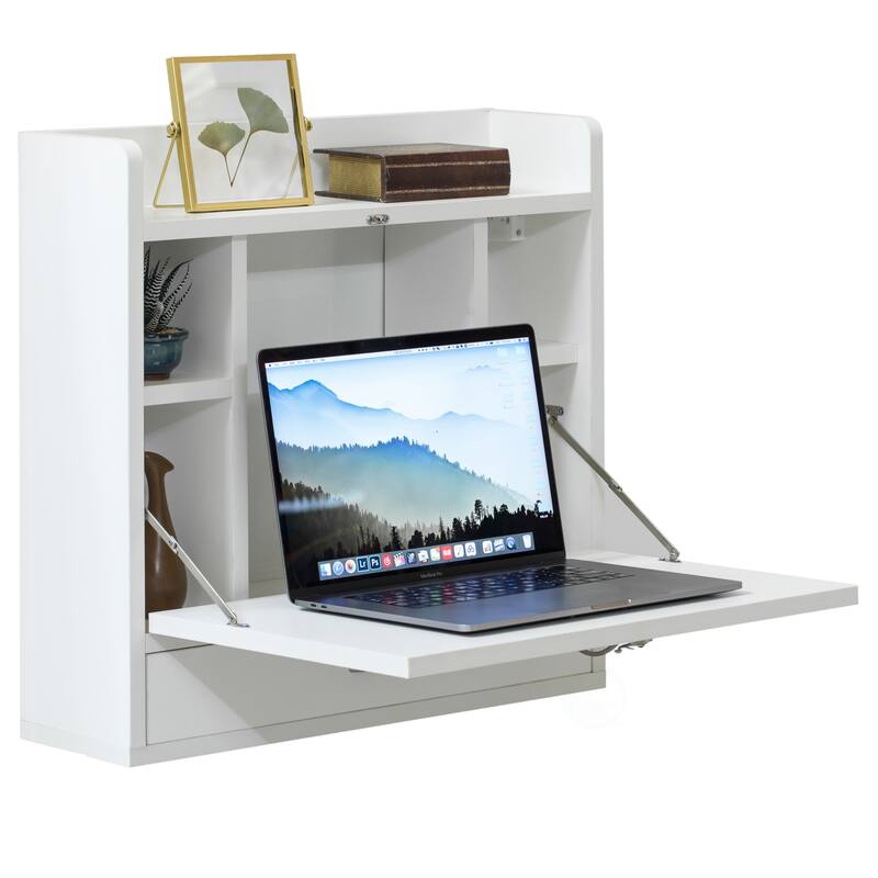Folding Laptop Writing Computer Makeup Desk Storage Shelves Drawer - white