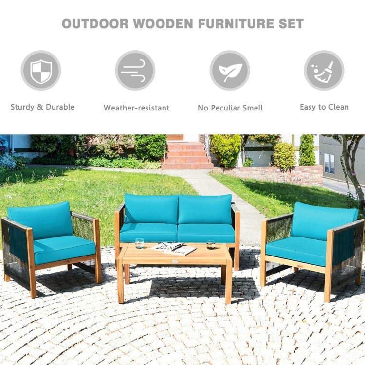 4 Pcs Acacia Wood Outdoor Patio Furniture Set with Cushions - 52" x 26" x 25" (L x W x H)