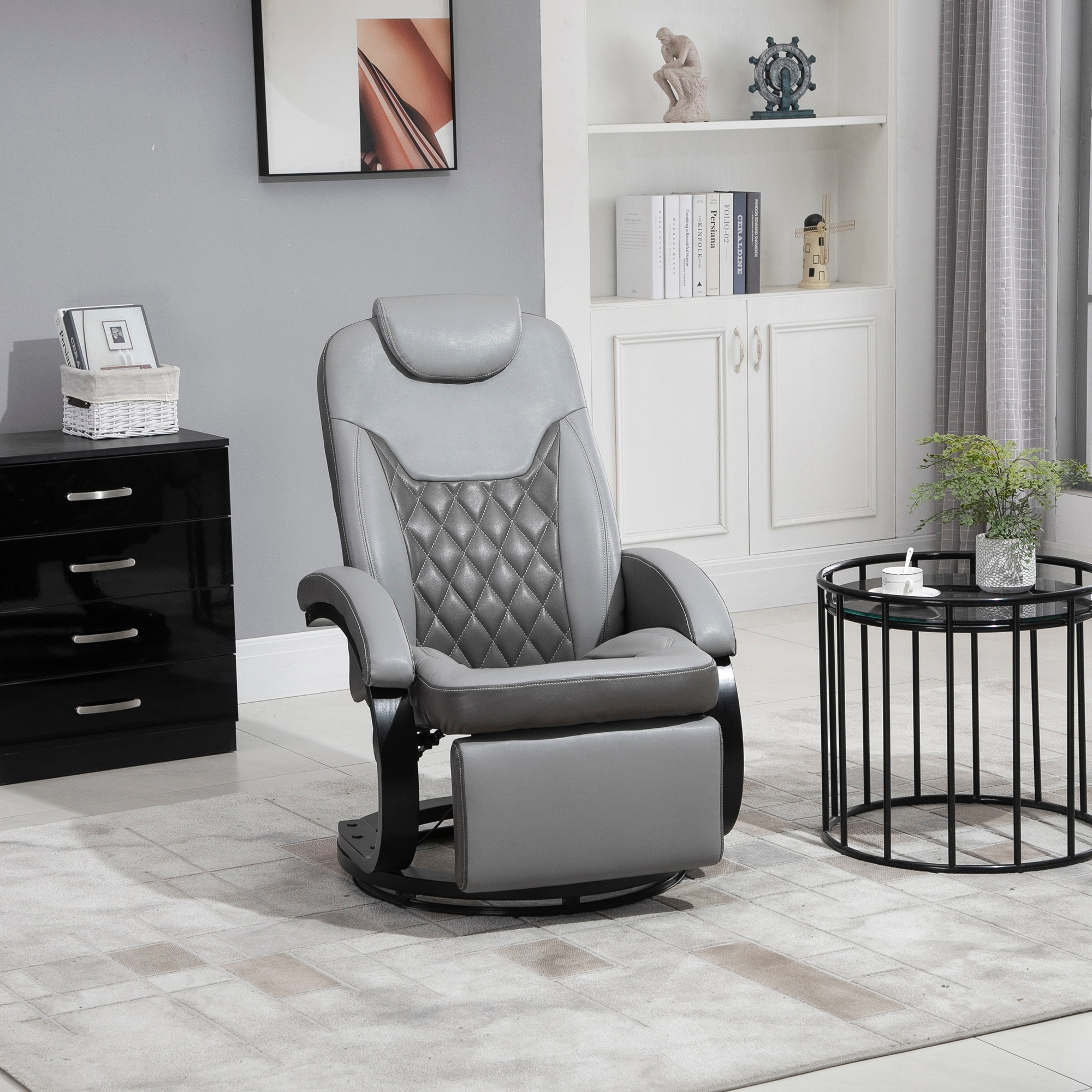 HOMCOM PU Recliner Reading Armchair with Footrest Headrest and Round Steel Wood Base for Living Room or Office Grey