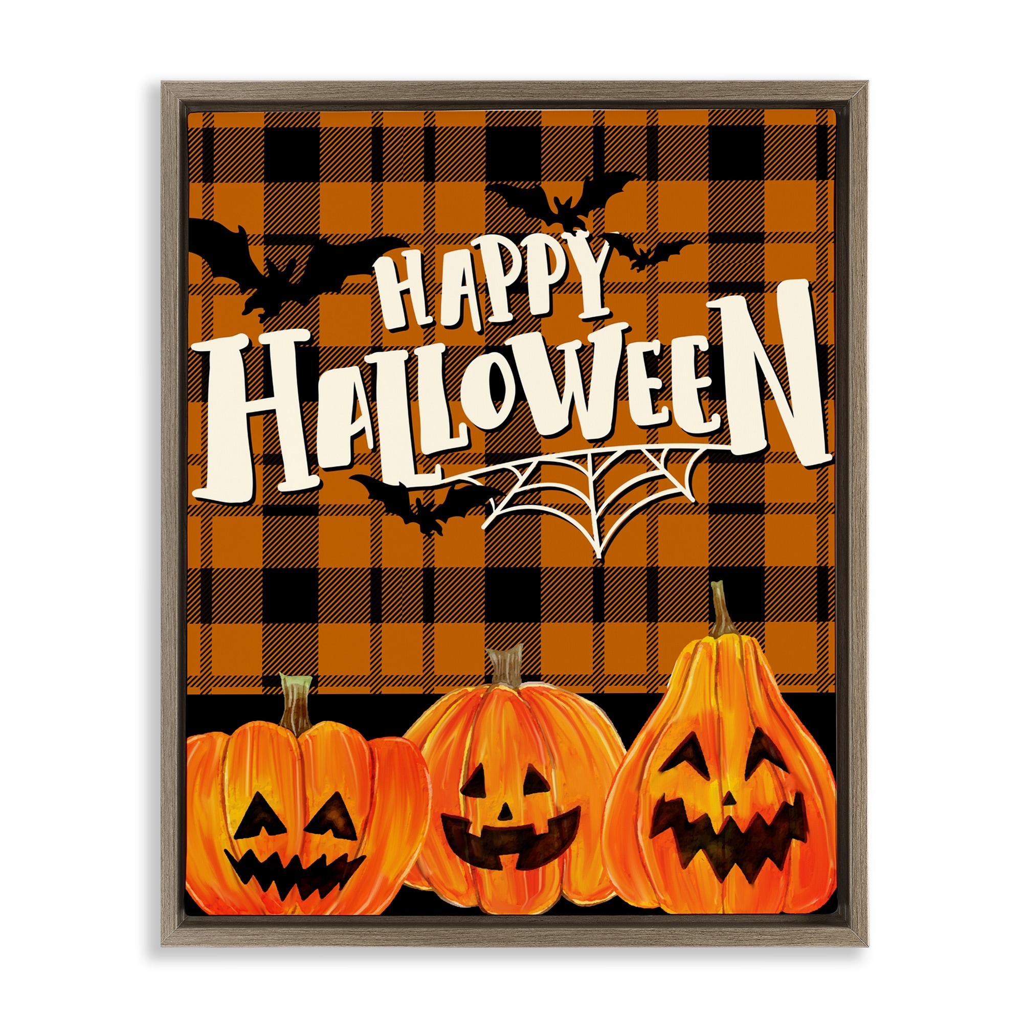 Stupell Halloween Jack-o-Lanterns on Plaid Framed Floater Canvas Wall Art Design By Kim Allen