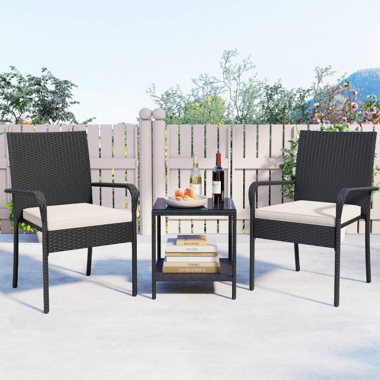 3 Piece Black PE Rattan Patio Set with Metal Frame, Cushions and Glass Table - Chair: 23" x 22.5" x 35"
