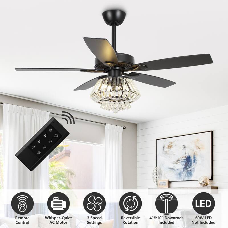 52" Modern Black Downrod Mount Crystal Ceiling Fan with Light and Remote Control - 52 in. D x 52 in. W x 21.6 in. H