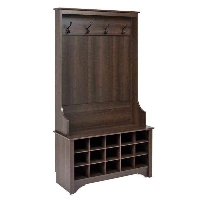 Prepac Hall Tree with Bench and Shoe Storage, Mudroom Bench with Storage and Hooks