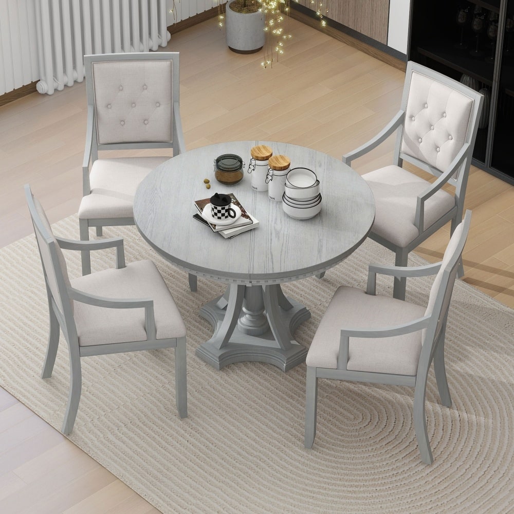 Retro 5-piece Dining Set Extendable Round Table and 4 Chairs