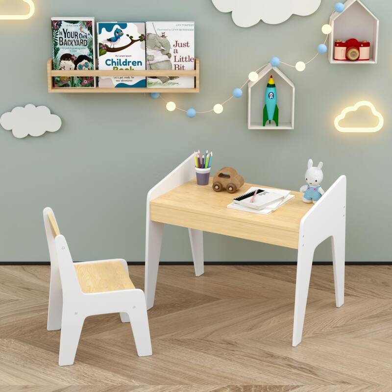 Kids Table Set with One Chair, Wooden Children Study Table, 2-8 Age Kids Funiture