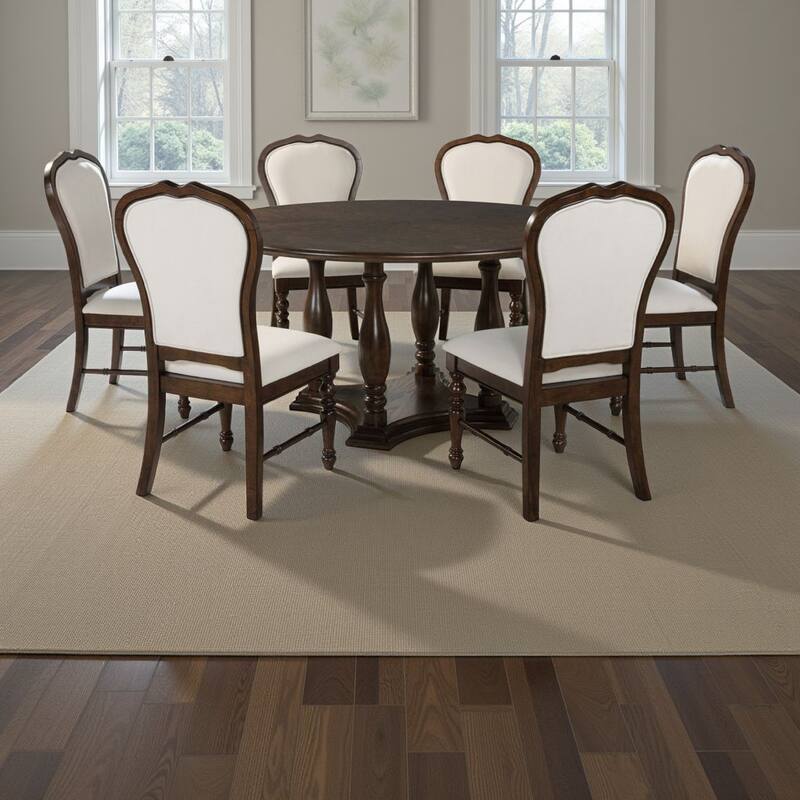 Monta 7pc Round Dining Table Set, Ivory Fabric, Cherry Brown Wood