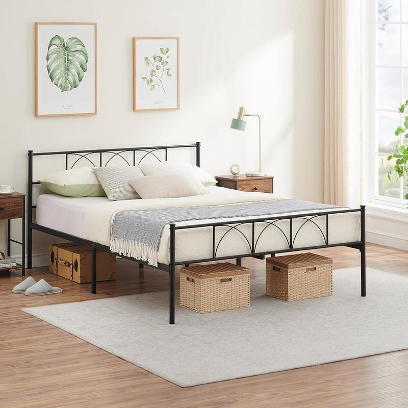 Twin Size Sturdy Modern Stylish Iron Bed Frame with Headboard - Black - King