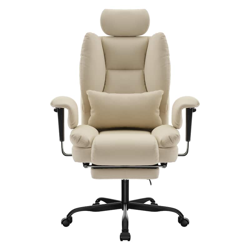 Office Chair Ergonomic 200 kg PU Leather Computer Chair with Lumbar Support and High Backrest, Chair with Liftable Headrest - Beige