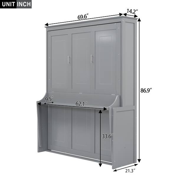 Queen Size Murphy Bed with a Shelf, Easy Fold Wood Wall Bed, Space-Saving Murphy Bed Cabinet for Guest Room Home Office, Grey