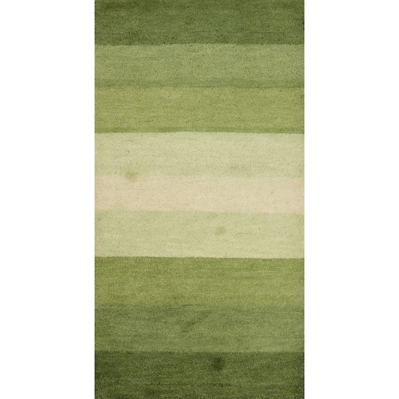 Hand Knotted Oriental 100% Wool Carpet Modern Stripe Green Gabbeh Runner Rug - 4' 8'' X 2' 5''