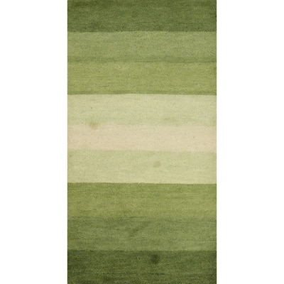 Hand Knotted Oriental 100% Wool Carpet Modern Stripe Green Gabbeh Runner Rug - 4' 8'' X 2' 5''