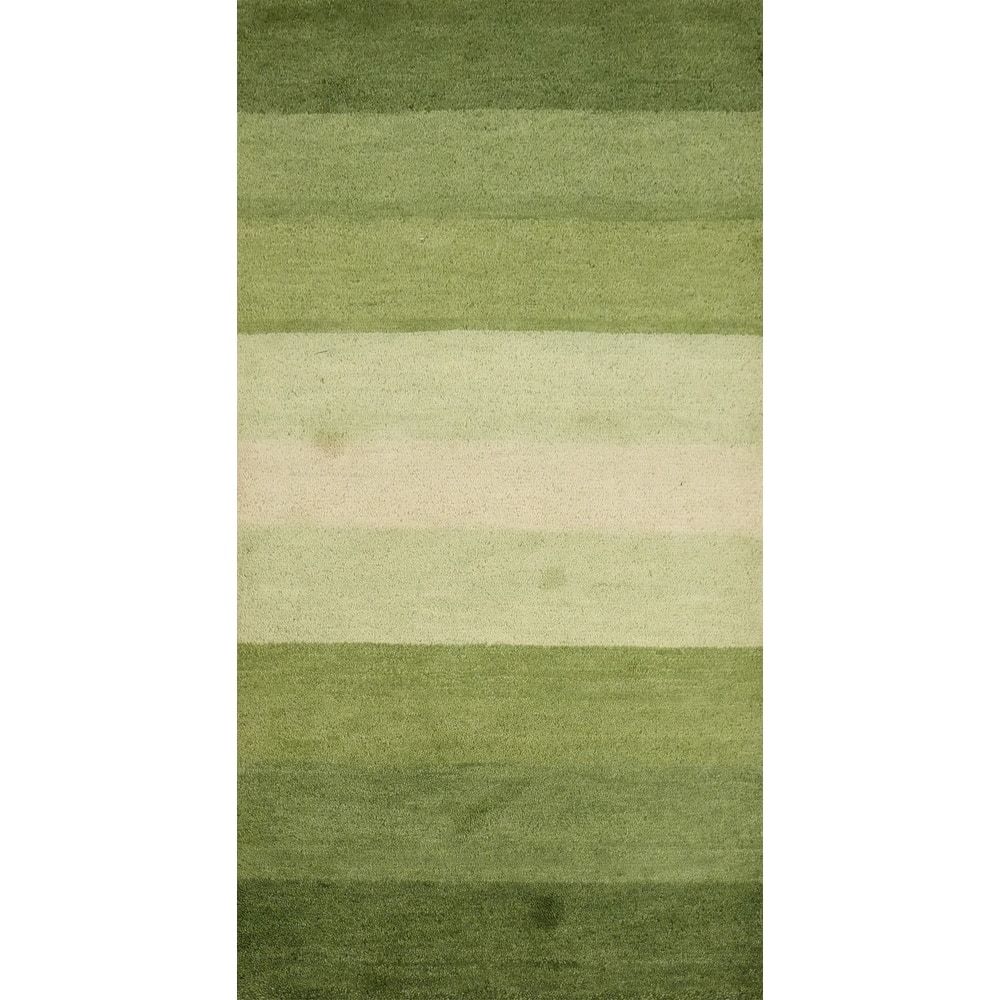 Hand Knotted Oriental 100% Wool Carpet Modern Stripe Green Gabbeh Runner Rug - 4' 8'' X 2' 5''