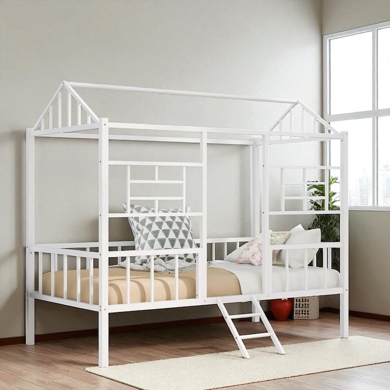 Twin Size Metal House Bed Frame for Kids with Slats and Roof Design, No Box Spring Needed - White - Twin