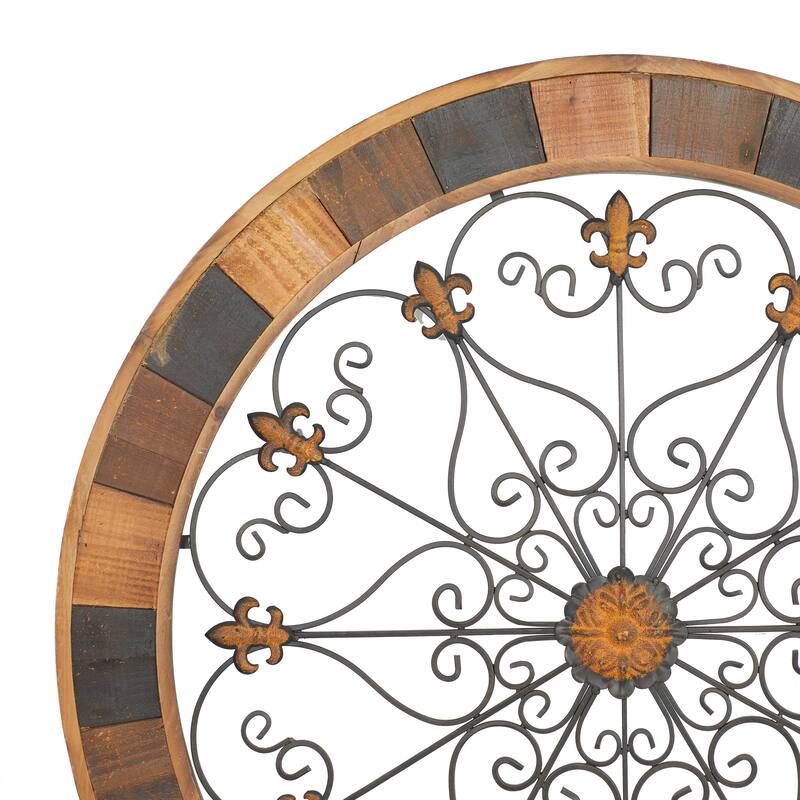 Brown Wood Medallion Scroll Home Wall Decor with Metal Fleur-De-Lis Detail