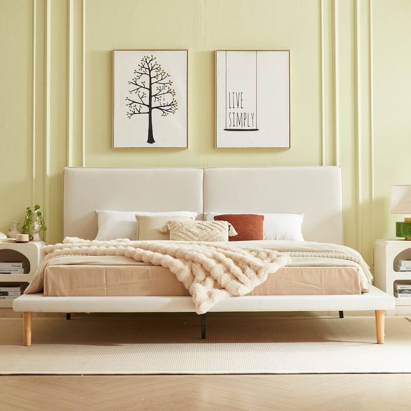 Plywood Frame Linen Upholstered Platform Bed - Beige - King