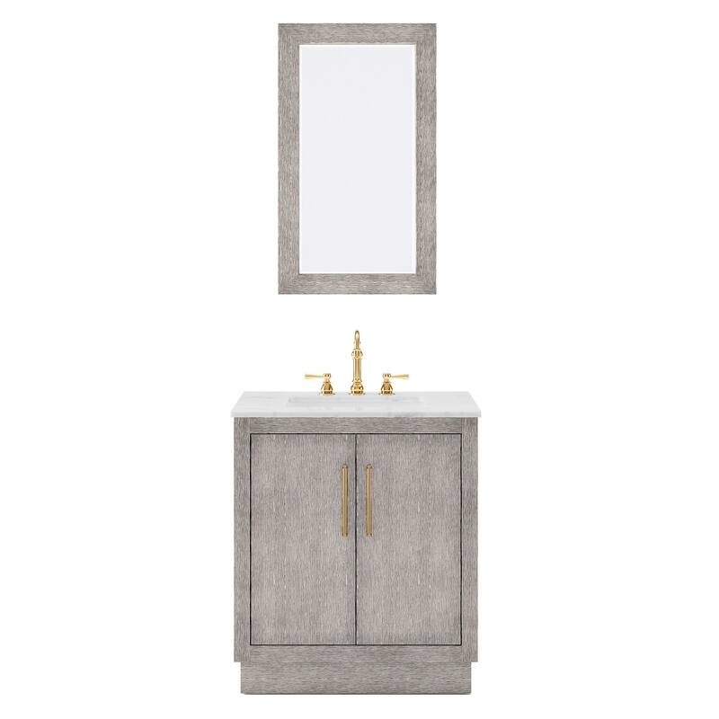 Hugo Carrara White Marble Countertop Vanity with Rectangular Mirror - 30" - Gold Finish