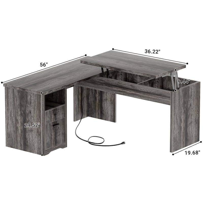 Modern Farmhouse Lift Top L-Shaped Desk with Charge Station, Corner Desk with File Drawers for Home Office