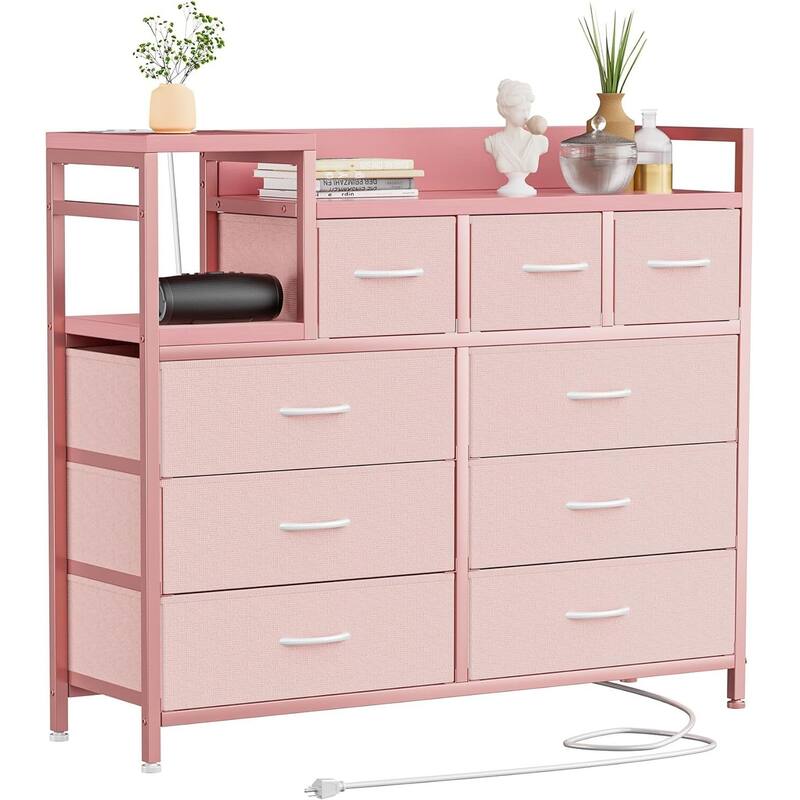 TV Stand with Power Outlet, Bedroom Dresser with 9 Drawers,