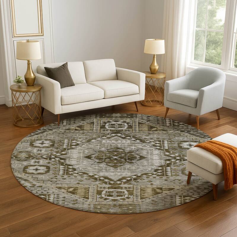 Premium Washable Super Soft Traditional Global Mayfield Rug - Khaki - 8' x 8'