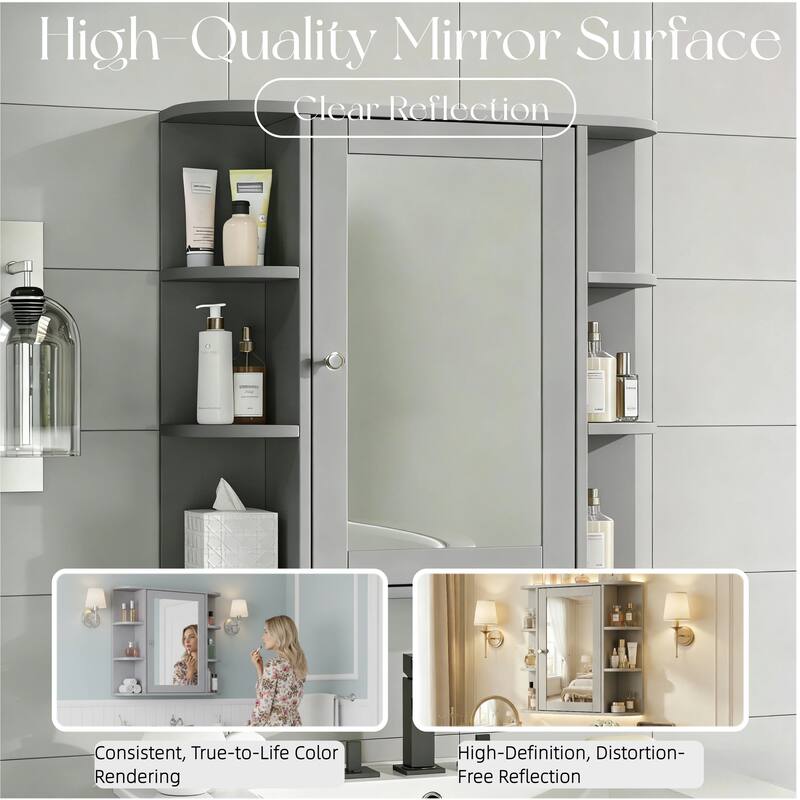Bathroom Wall Storage Cabinet with Mirror, with Adjustable Wood Shelf & Doors, Mounted Storage Cabinets with 6 Open Shelves