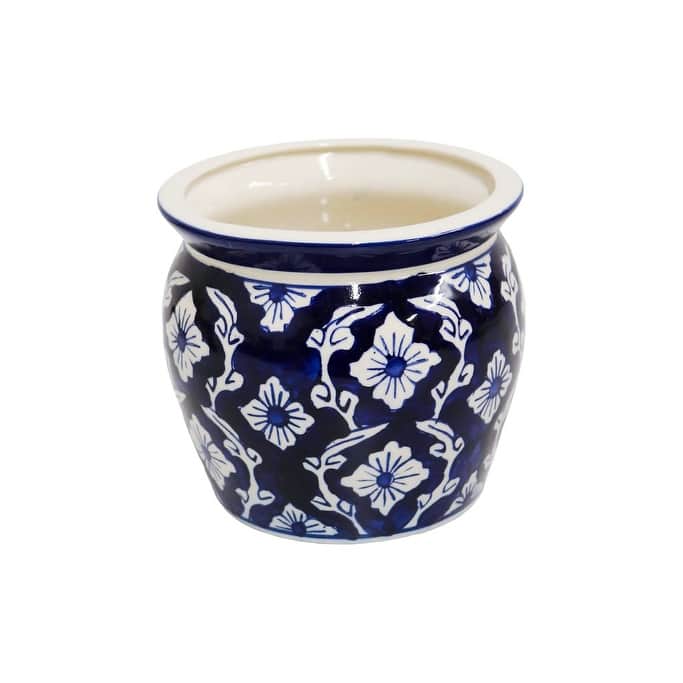 Home&Manor Ceramic Medium Planter Blue/White