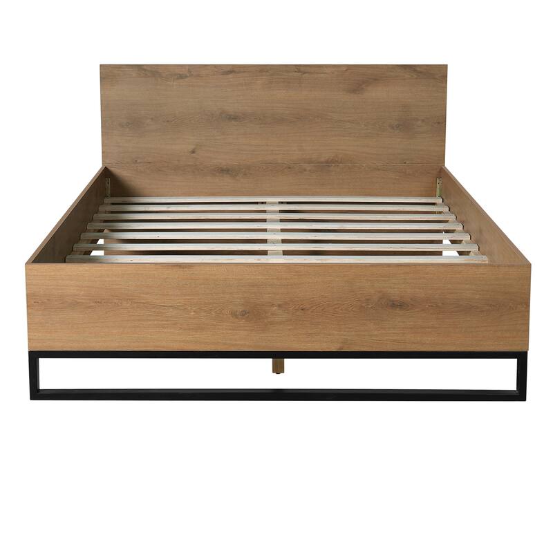 Solid Wood Rustic Platform Bed with Headboard, Wooden and Metal Bed Frame, Wood Slats Support, No Box Spring Needed